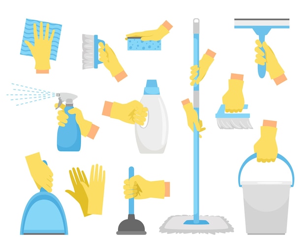 Vector cleaning tools with hands.