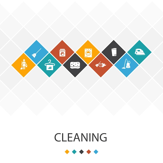 Vector cleaning trendy ui template infographics concept broom trash can sponge dry cleaning icons