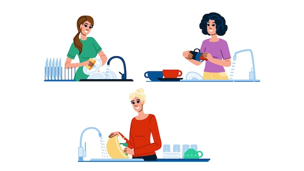 cleaning washing dishes mother vector