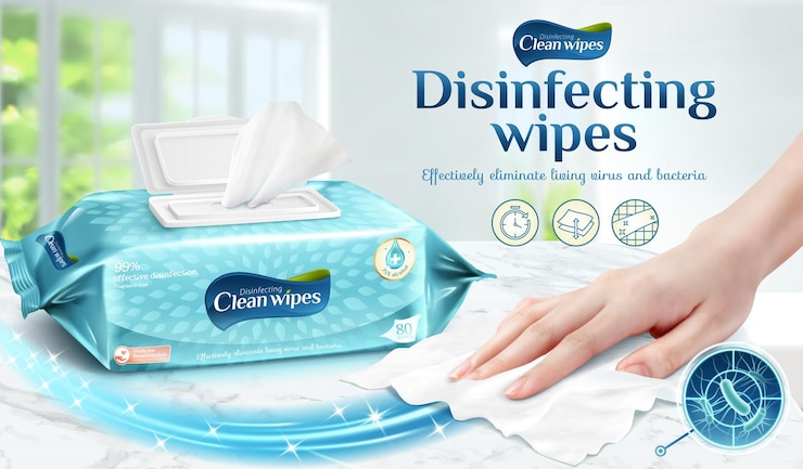 Vector cleaning wipes ad template, female hand using wet wipe to clean the marble table, 3d illustration