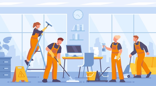 Vector cleaning workers concept men and women in uniform with mop and bucket of cleaning agent in office