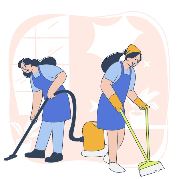 Cleaning Workers Illustration Housekeeping Service Concept Flat Cartoon Style