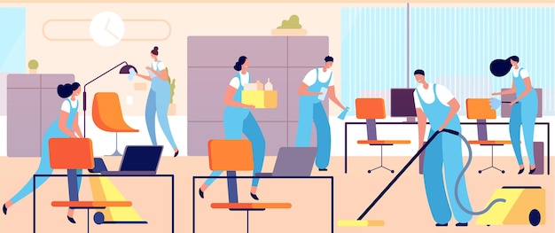 Cleaning workers in office. Cartoon woman clean, professional hygiene service team. Female male cleaners in uniform utter vector illustration. Worker in office, service cleaner professional