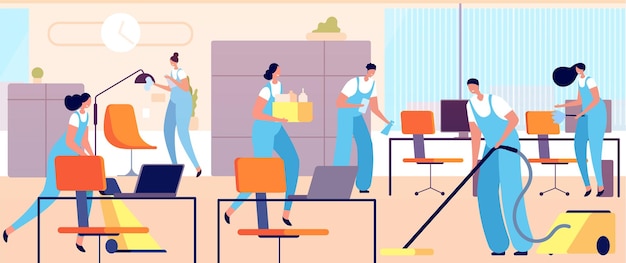 Cleaning workers in office. cartoon woman clean, professional hygiene service team. female male cleaners in uniform utter vector illustration. worker in office, service cleaner professional