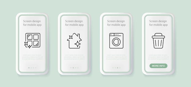 Icona del set di pulizia ordine delle finestre di lavaggio in casa lavatrice cestino concetto di pulizia di primavera ui schermate dell'app del telefono con le persone icona della linea vettoriale per aziende e pubblicità