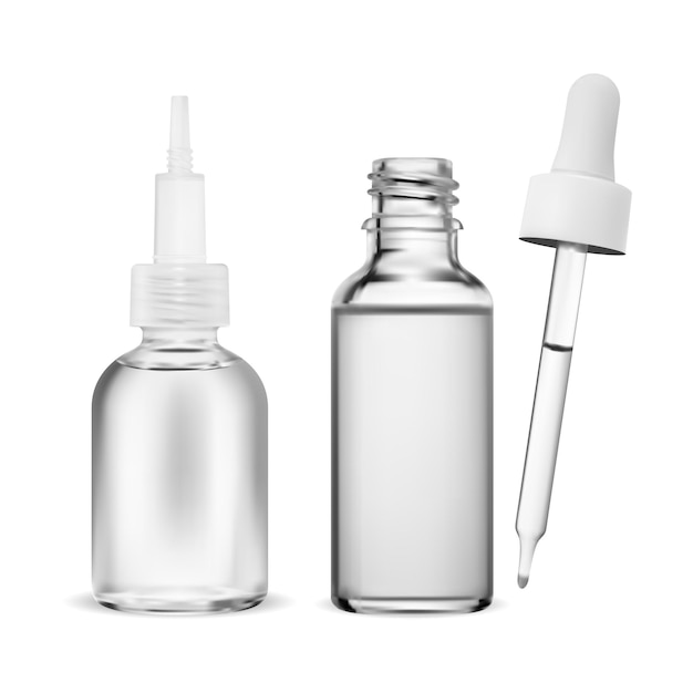 Vector clear glass bottle with a white cap houses a cosmetic serum