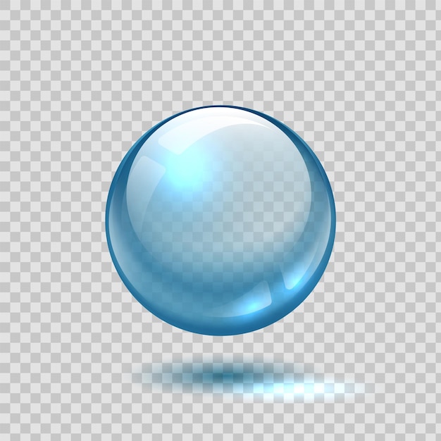 Clear glass bubble Realistic blue sphere 3D ball on transparent background Glossy crystal object with shadow and light reflection Circle shape lens template Vector round water drop