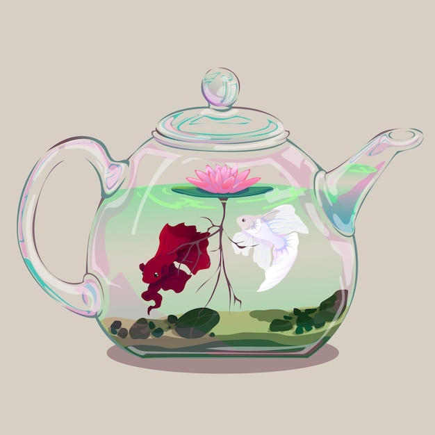 Clear glass teapot with ornamental betta fish swimming around a lotus flower