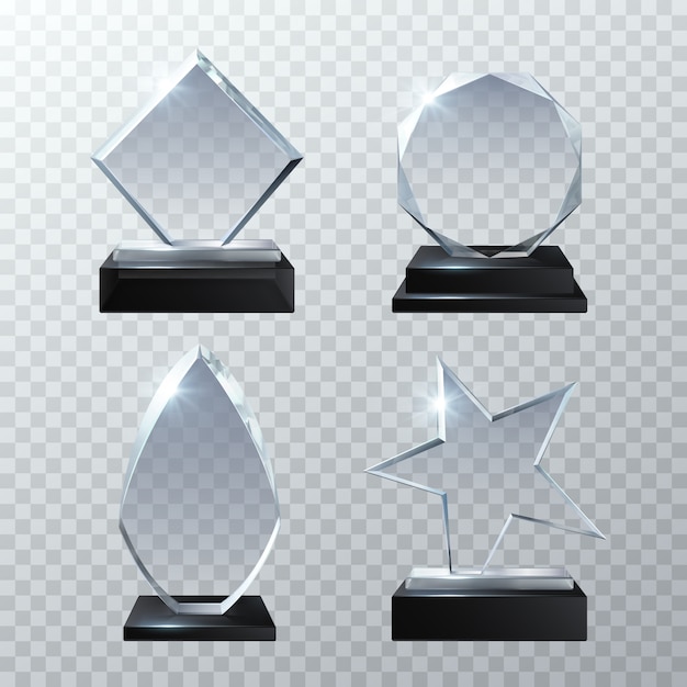 Clear glass trophy awards isolated on transparent set. Glossy board and clear panel trophy illustration