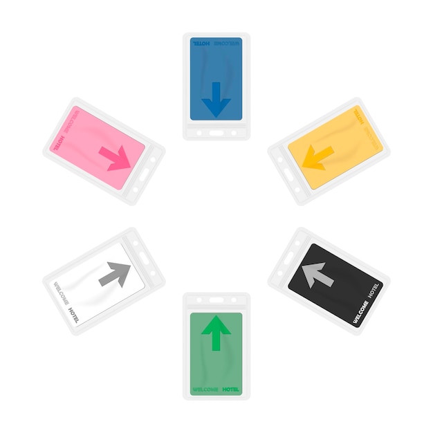 Clear plastic card holders with hotel keycards inside Vinyl sleeve with zip lock and hanging slot