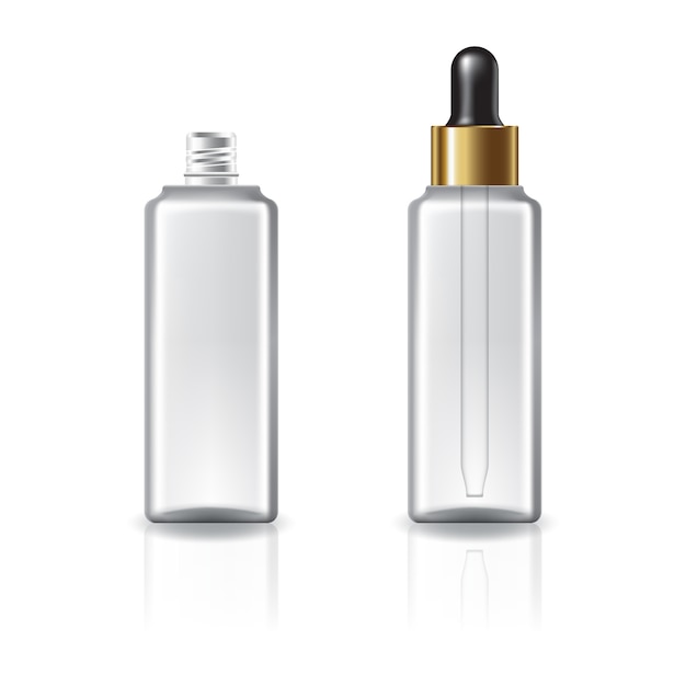 Vector clear square cosmetic bottle with dropper lid and gold ring.