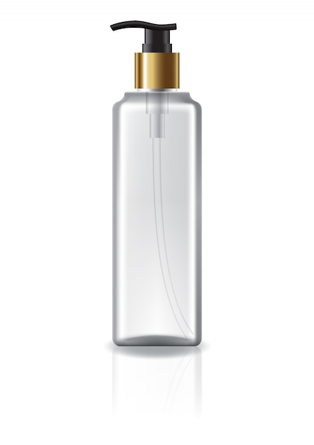 Вектор Чистая квадратная косметическая бутылка с насосной головкой и золотым кольцом для красоты или здорового продукта.