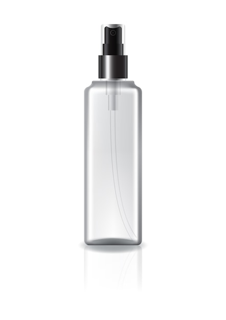 Clear square cosmetic bottle with spray head.