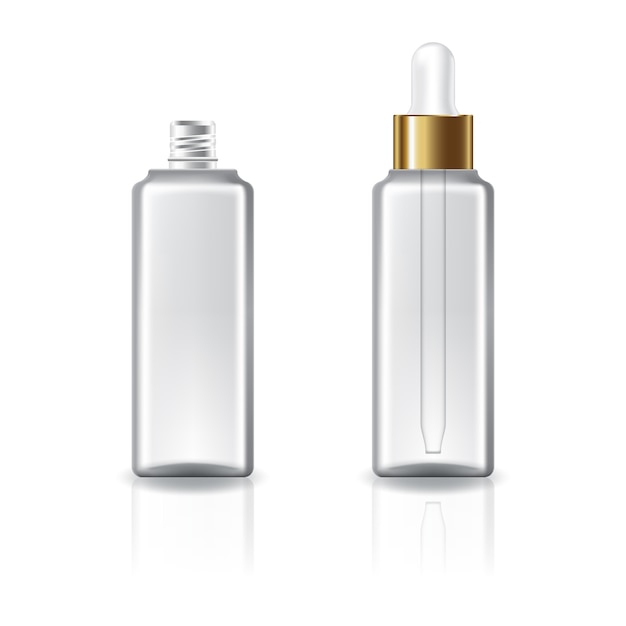 Clear square cosmetic bottle with white dropper gold lid for beauty or healthy product.