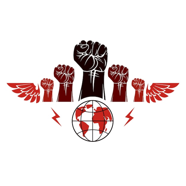 Clenched fists of angry people winged vector emblem composed with earth globe symbol. civil war abstract illustration. social revolution concept.