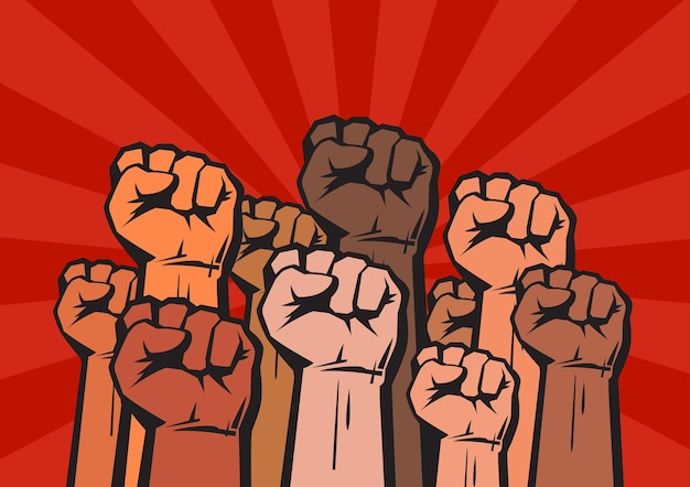Clenched fists of different colors raised in protest on red background with sun rays