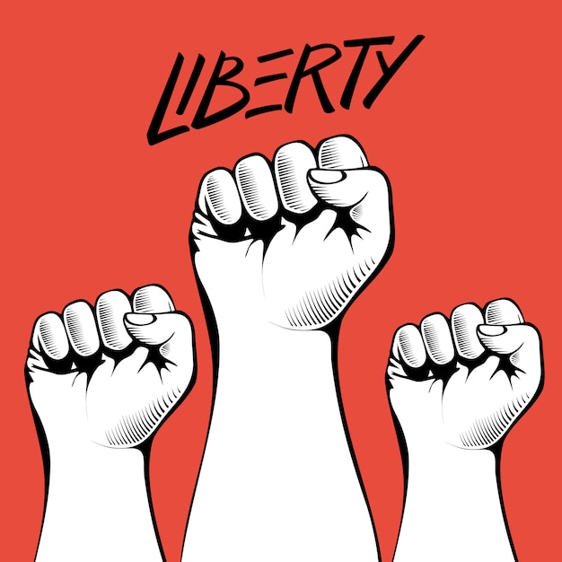 손으로 쓴 단어 인 리버티 (liberty)로 꽉 찬 주먹이 항의했다.