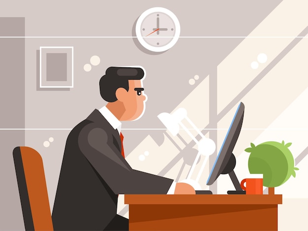 Clerk sitting at the computer Side view Businessman in the workplace Vector illustrator