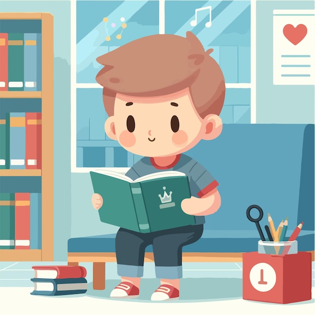 Vector clever boy reading a book in a library in a flat design illustration