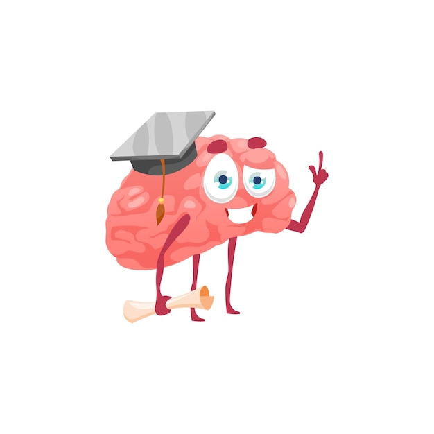 Clever brain emoticon with diploma in hat isolated