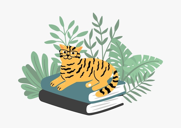 Vector clever cat on book stack. tiger color kitten in plants, school time or education concept. pet, wild animal vector print