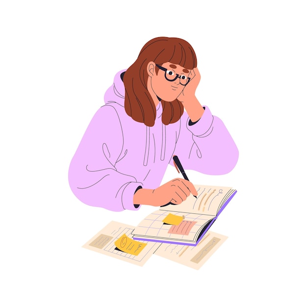 Умная девушка в очках делает домашнее задание Студентка читает книгу, делает заметки, пишет Молодая женщина учится, учится с помощью учебника Школьное образование Плоская изолированная векторная иллюстрация на белом фоне