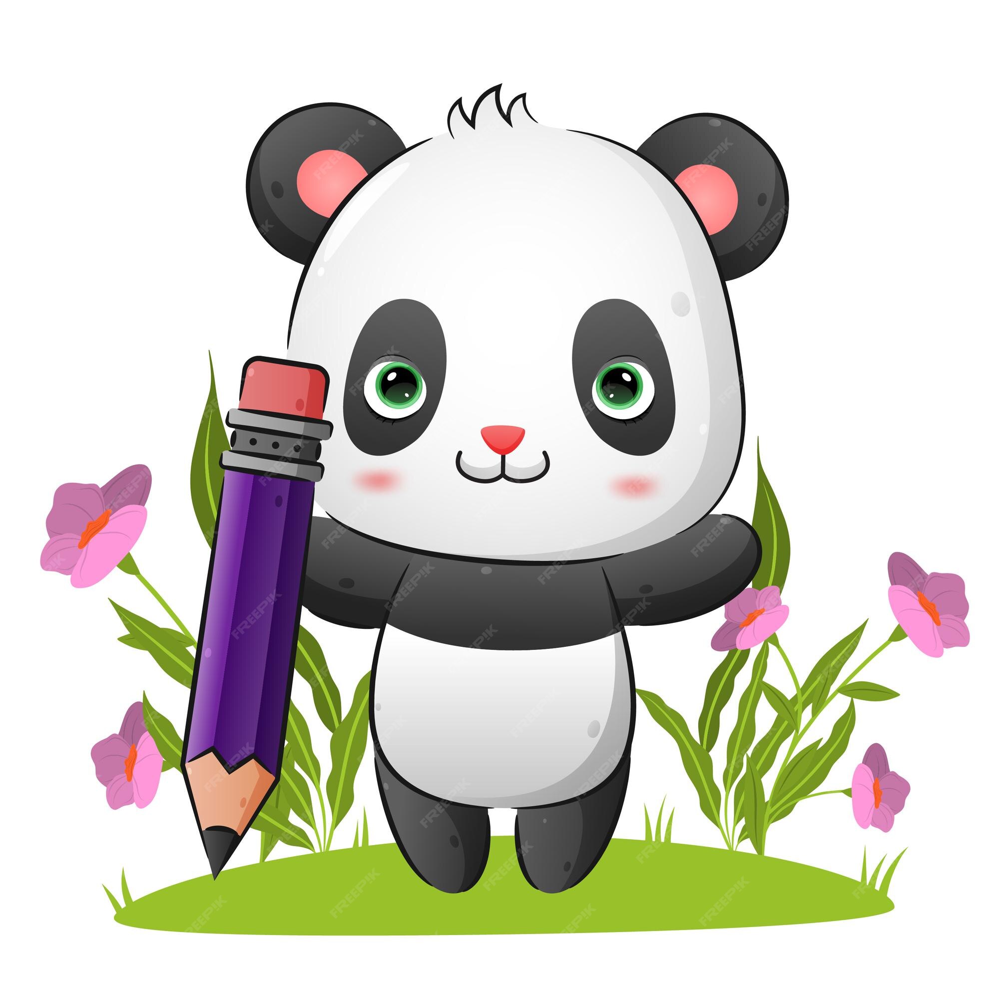 Premium Vector | The clever panda is holding a big magic pencil illustration Premium Vector | The clever panda is holding a big magic pencil illustration