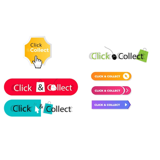 Click and collect online shopping button or sticker set Realistic round label with promotion text a