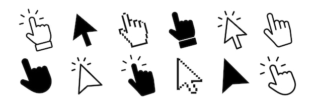 Vector click cursor computer mouse click cursor pointer click hand pointer symbol clicking finger pixel cursor or computer mouse pointer vector illustration