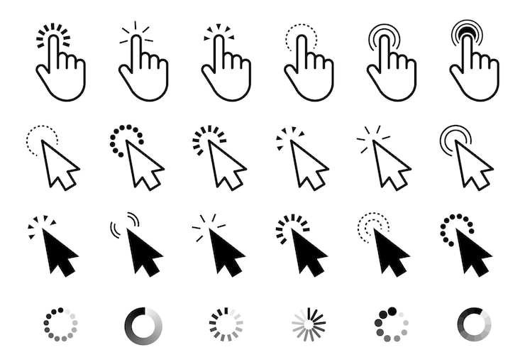 Vector click cursor set computer pointer hand and arrow icon press pick action element vector web interface...