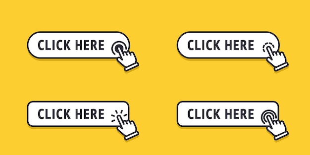 Vector click here button with arrow pointer clicking icon