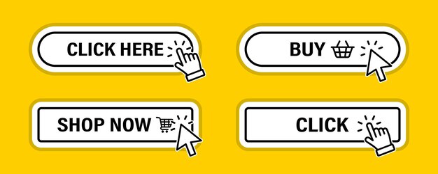 Vector click here button with click cursor set for action button design click button modern button with mouse click symbol computer mouse cursor or hand pointer symbol for ui ux website mobile app