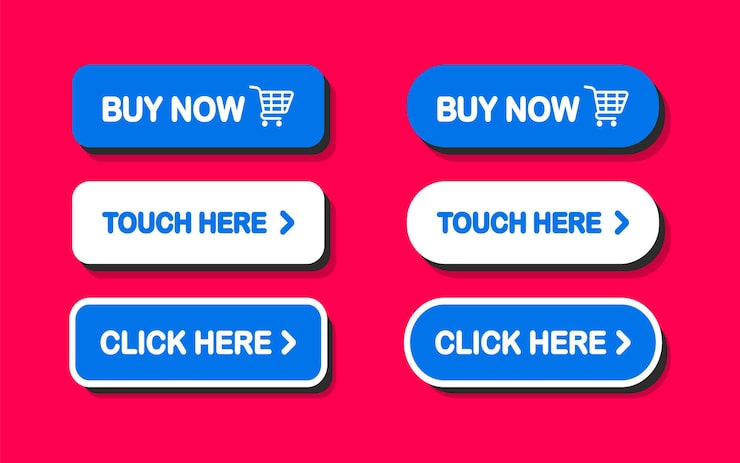 Click Here Button with Click cursor. Set of action buttons website buy or download. Click button. Computer mouse cursor or Hand pointer symbol. Touching cursor for buy or register or links to websites