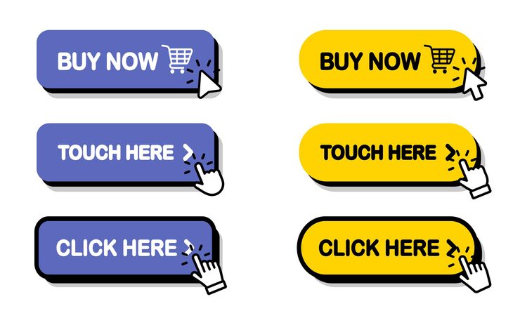 Vector click here button with click cursor. set of action buttons website buy or download. click button. computer mouse cursor or hand pointer symbol. touching cursor for buy or register or links to websites