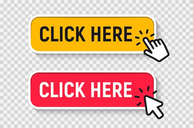 Вектор Нажмите здесь кнопку с курсором click. набор для дизайна веб-сайта кнопки. нажмите кнопку. современная кнопка действия с символом щелчка мыши. курсор компьютерной мыши или символ указателя руки