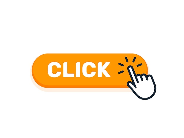 Click here button with hand icon. Vector click web sign cursor symbol. Button isolated.