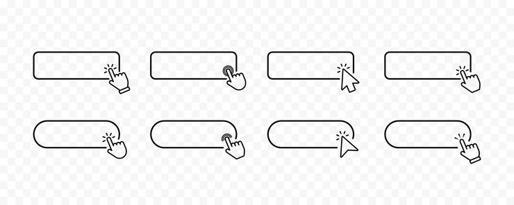 Vector click here button with hand or mouse cursor click blank button with hand pointer clicking icon click button computer mouse cursor or hand pointer symbol set for button website design