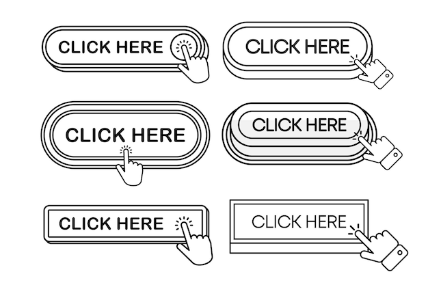 Click Here Button with hand or mouse cursor Click buttons collection Computer mouse cursor
