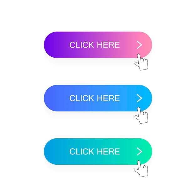손 포인터 클릭으로 여기 버튼을 클릭하십시오. 현대 평면 스타일 벡터 일러스트 레이 션.