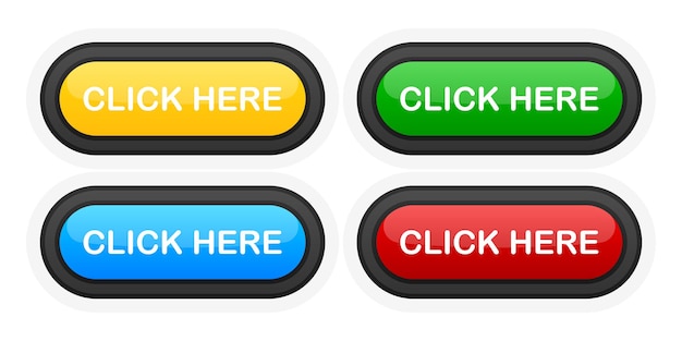 Click Here realistic buttons in different colors on white background. Vector illustration.