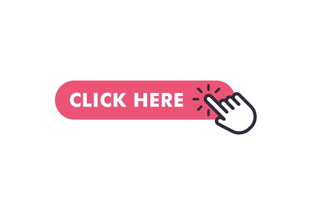 Click here on the red button with the arrow pointer. Hand cursor vector icon. Click here for website