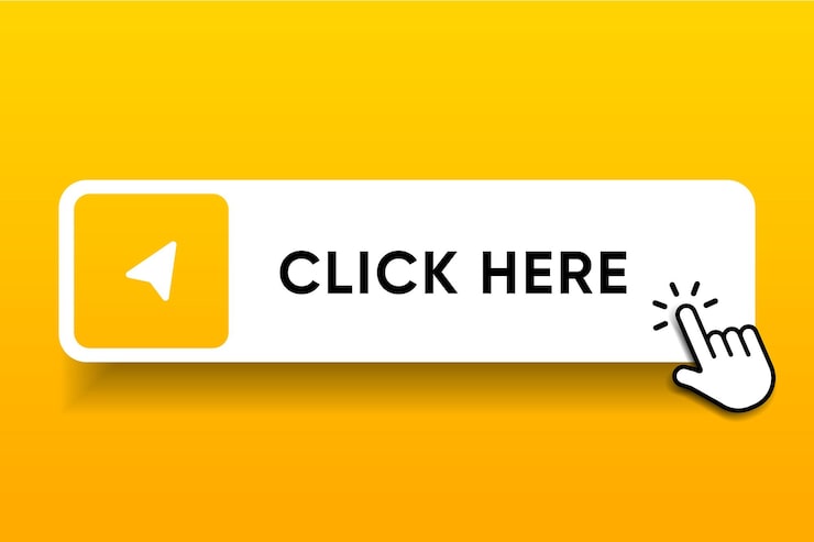 Vector click here web button with hand cursor action button and arrow pointer computer mouse click symbol