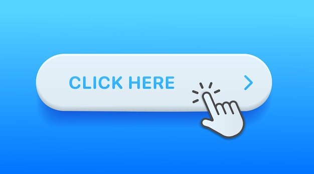 Vector click here web button with hand cursor action button and arrow pointer computer mouse click symbol