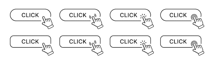Vector click here web button with hand cursor action button and arrow pointer computer mouse click symbol
