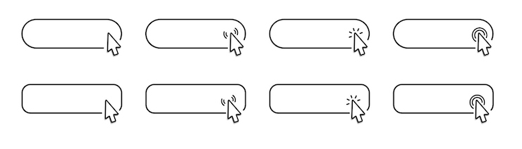 Vector click here web button with hand cursor action button and arrow pointer computer mouse click symbol