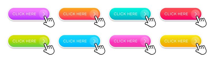 Vector click here web button with hand cursor action button and arrow pointer computer mouse click symbol