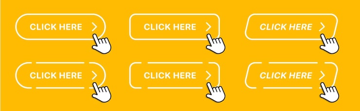 Vector click here web button with hand cursor action button and arrow pointer computer mouse click symbol