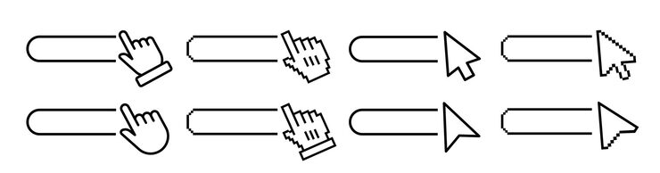 Vector click here web buttons with hand and arrow pointers click here cursor push blank button