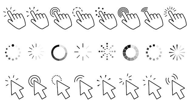 Vector click icon set hand clicking computer mouse click cursor and loading icon vector illustration