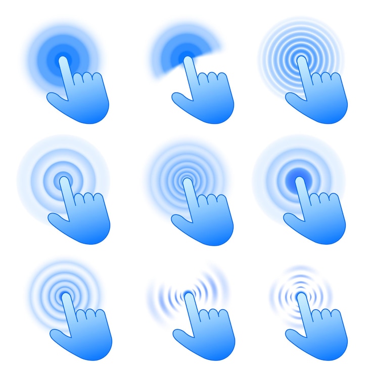 Vector click icons interactive touch gesture hand pointer clicking pressing and tapping with ripple effect digital touchscreen touch action vector set